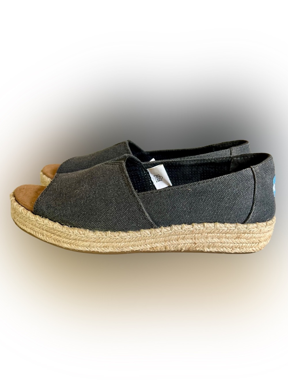 New Toms Washed Black Alpargata Denim Canvas Peep Toe Flat Platform Espadrille